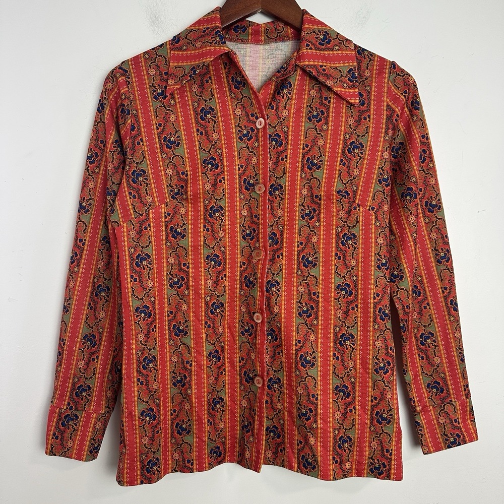 Vintage 70s Red Floral Blouse Women Sz Small Dagger Collar Long Sleeve Polyester